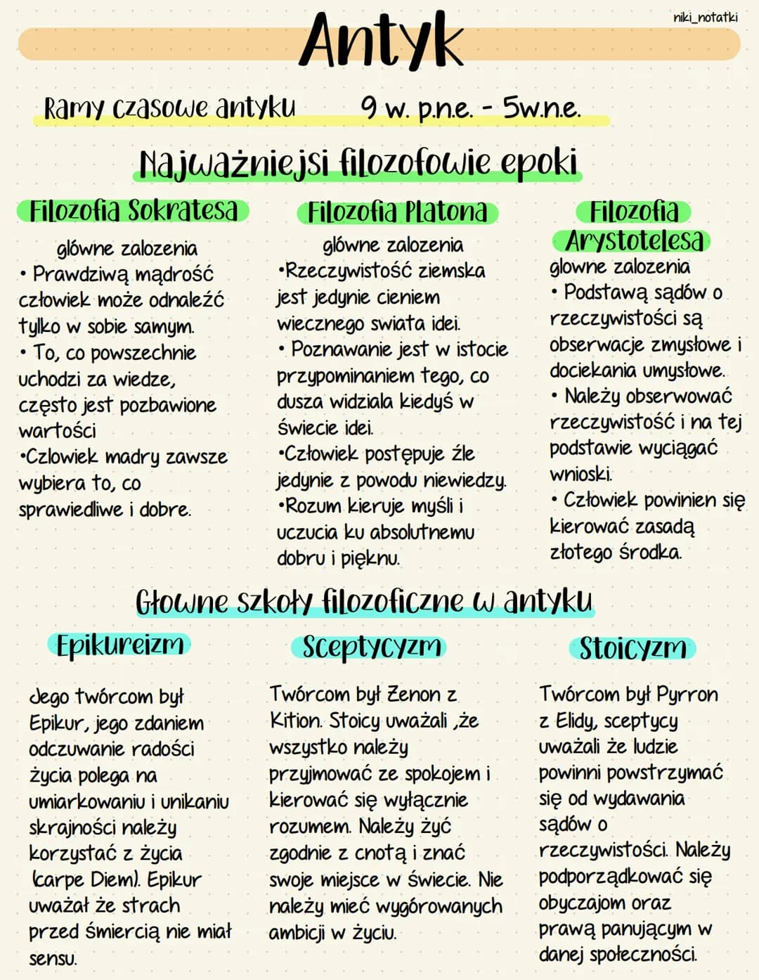 Ramy czasowe antyku
Najważniejsi
Filozofia Sokratesa
glówne zalozenia
• Prawdziwą mądrość
człowiek może odnaleźć
tylko w sobie samym.
To, co