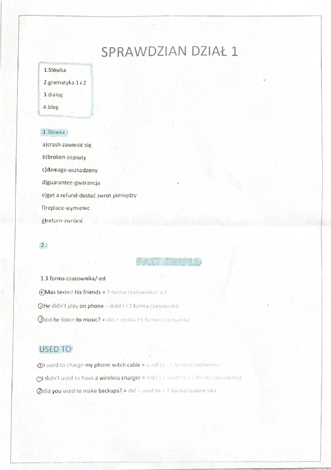 Powtórka do sprawdzianu Unit 1 klasa 8 język angielski