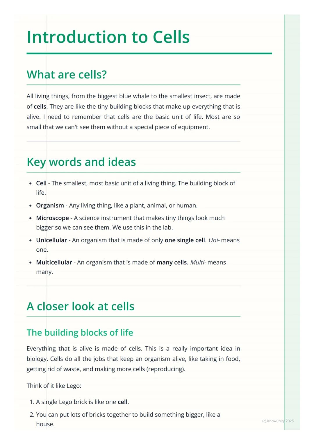 # Introduction to Cells

## What are cells?

All living things, from the biggest blue whale to the smallest insect, are made
of cells. They 