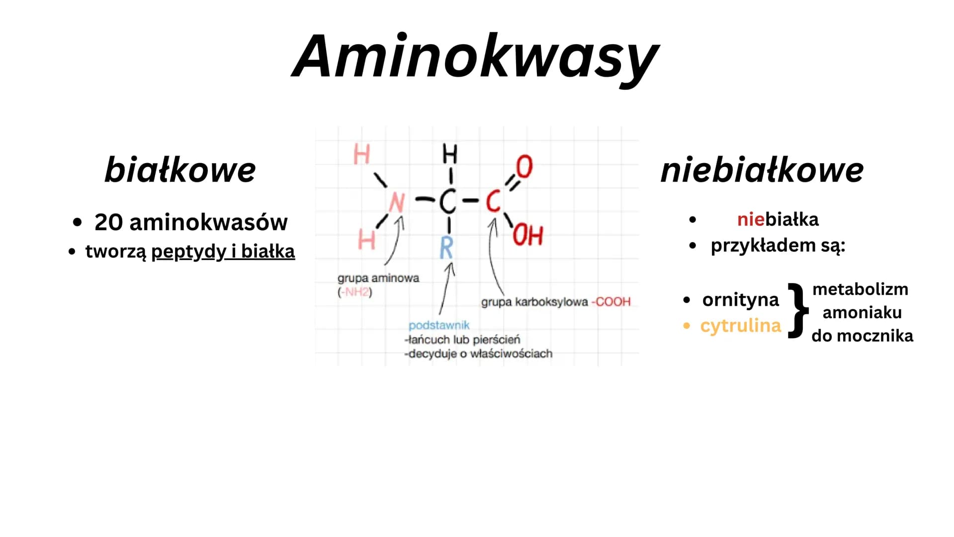 białkowe
Aminokwasy
• 20 aminokwasów
• tworzą peptydy i białka
H
V
N-C-C
HICIR
HJ
grupa aminowa
(-NH2)
OH
grupa karboksylowa -COOH
podstawni