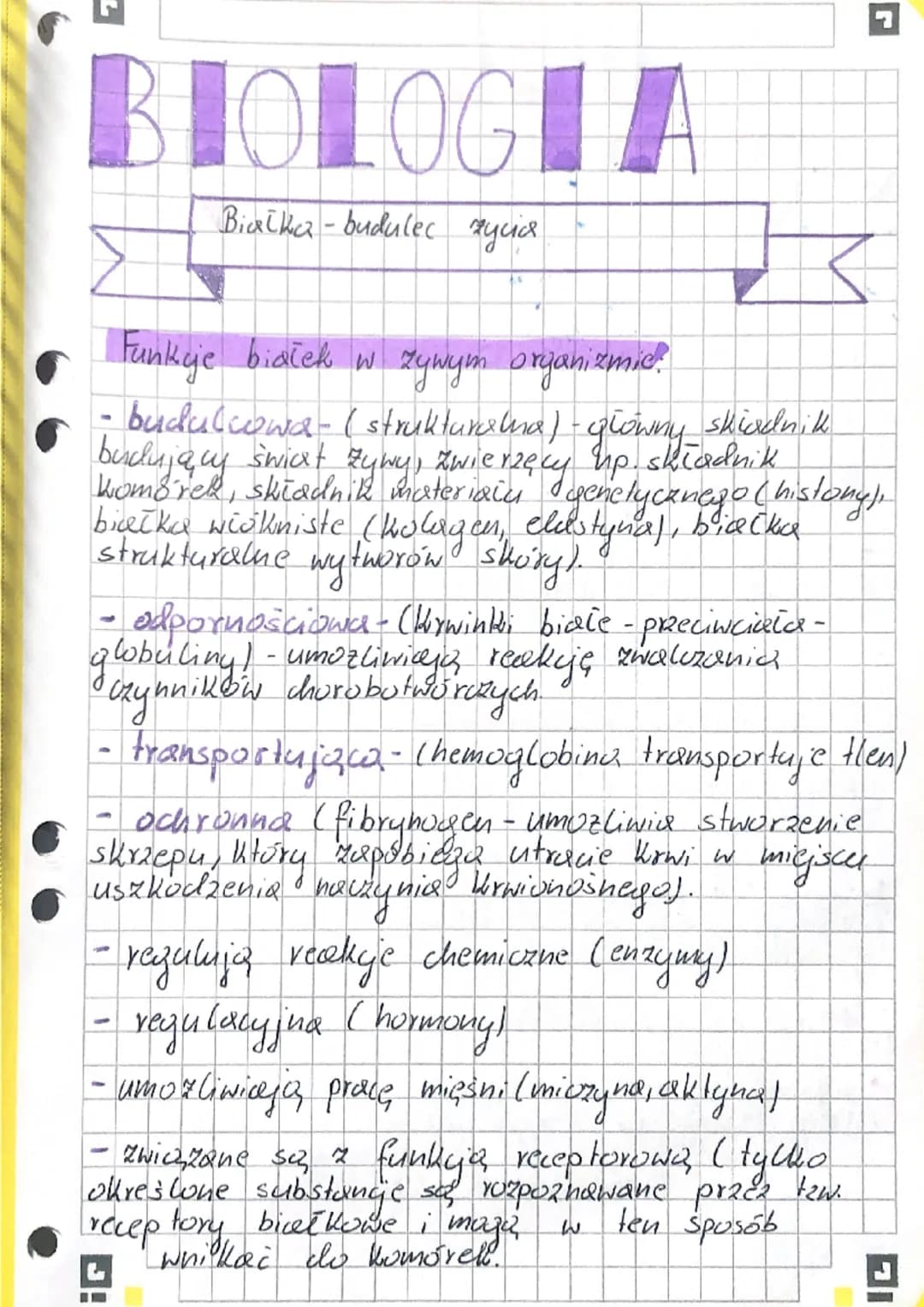 BIOLOGIA
Białka-budulec rycid
Funkcje białek w zywym oryanizmie.
- budulcowa - ( strukturalna) - główny skiadnik
budujący świat zywy, zwie!
