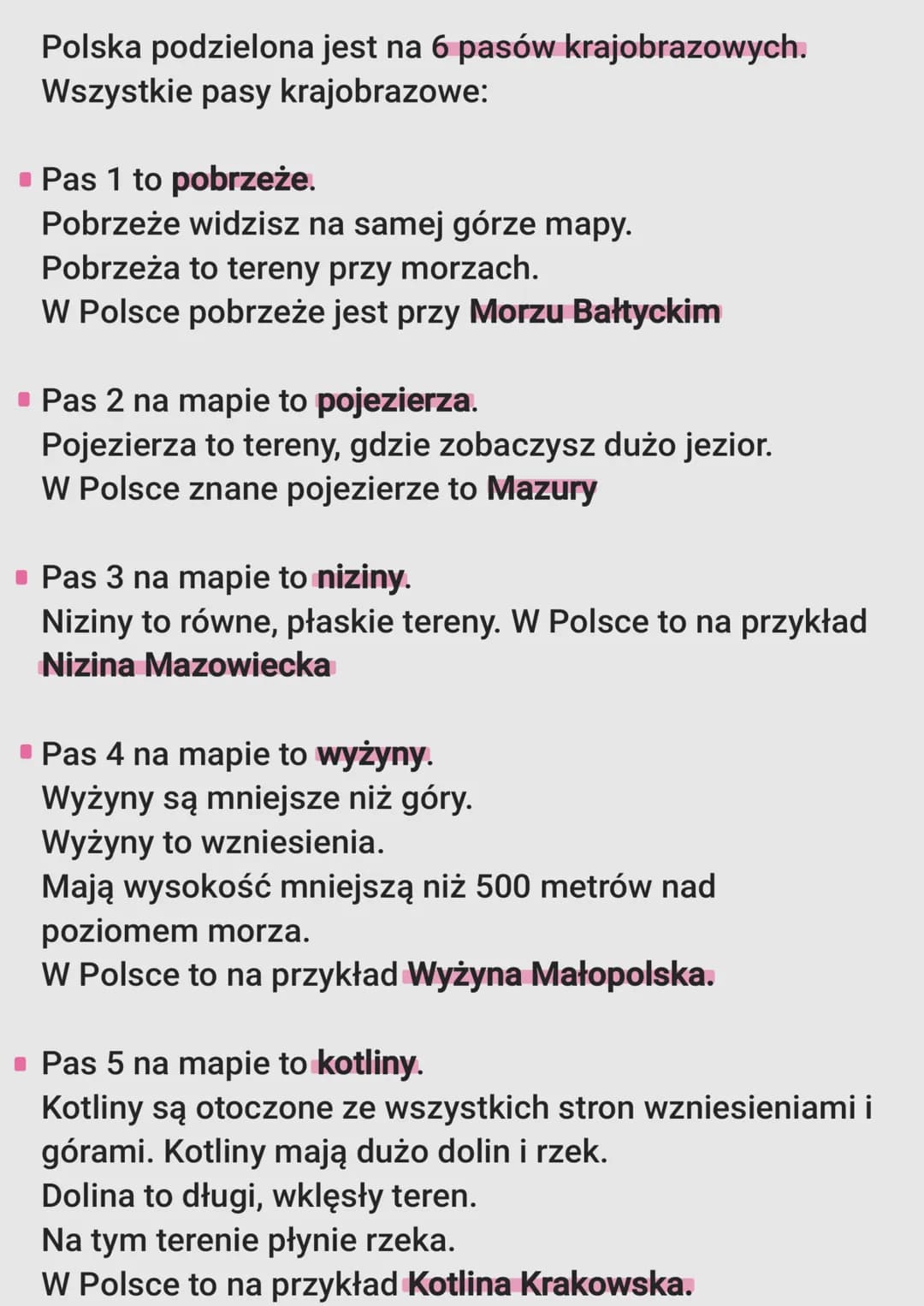 Polska podzielona jest na 6 pasów krajobrazowych.
Wszystkie pasy krajobrazowe:
■ Pas 1 to pobrzeże.
Pobrzeże widzisz na samej górze mapy.
Po