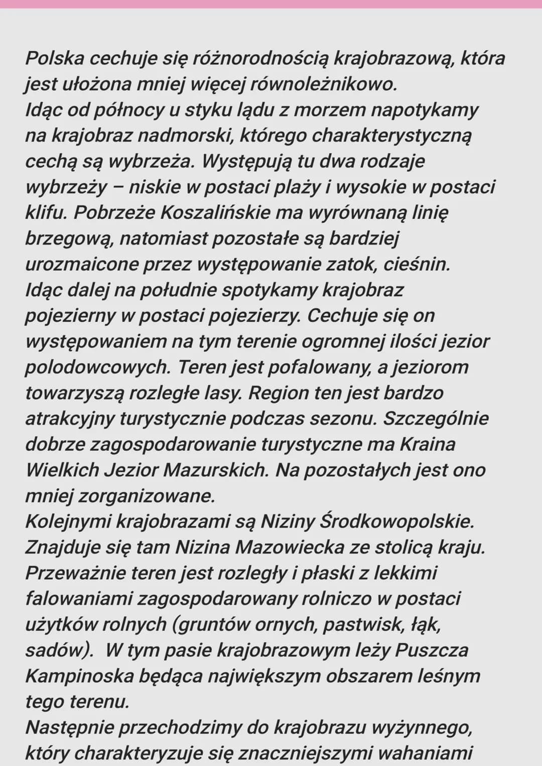 Polska podzielona jest na 6 pasów krajobrazowych.
Wszystkie pasy krajobrazowe:
■ Pas 1 to pobrzeże.
Pobrzeże widzisz na samej górze mapy.
Po