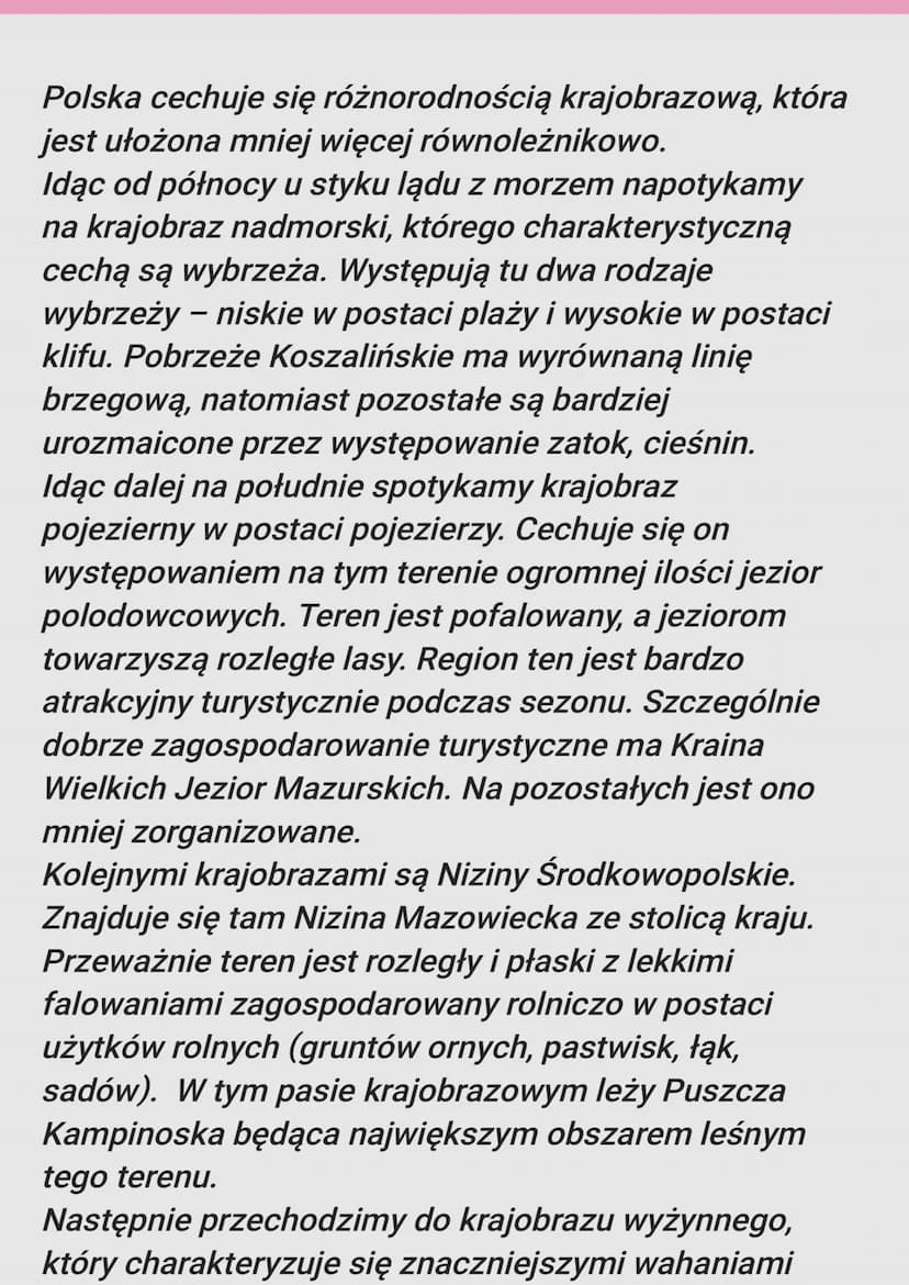 Polska podzielona jest na 6 pasów krajobrazowych.
Wszystkie pasy krajobrazowe:
■ Pas 1 to pobrzeże.
Pobrzeże widzisz na samej górze mapy.
Po