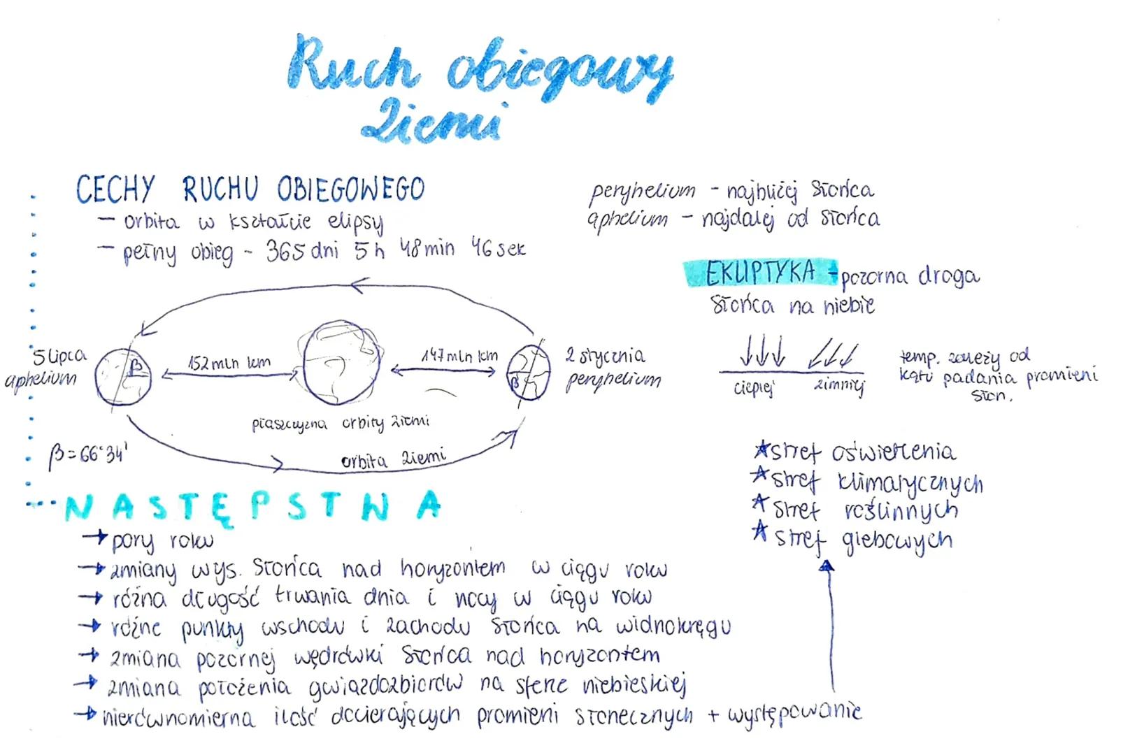 :
:
Ruch obiegowy
Liemi

CECHY RUCHU OBIEGOWEGO
- Orbita w kształcie elipsy
- peiny obieg - 365 dni 5h 48 min 46 sek

perjhelium - najbliżej