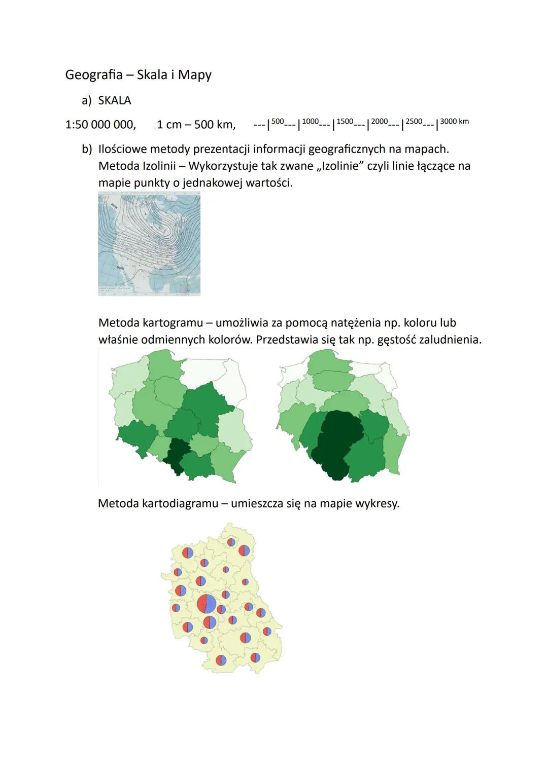 Geografia - Skala i Mapy

a) SKALA

1:50 000 000, 1 cm-500 km, ---|500---|1000---|1500---| 2000--| 2500_--| 3000 km

b) Ilościowe metody pre