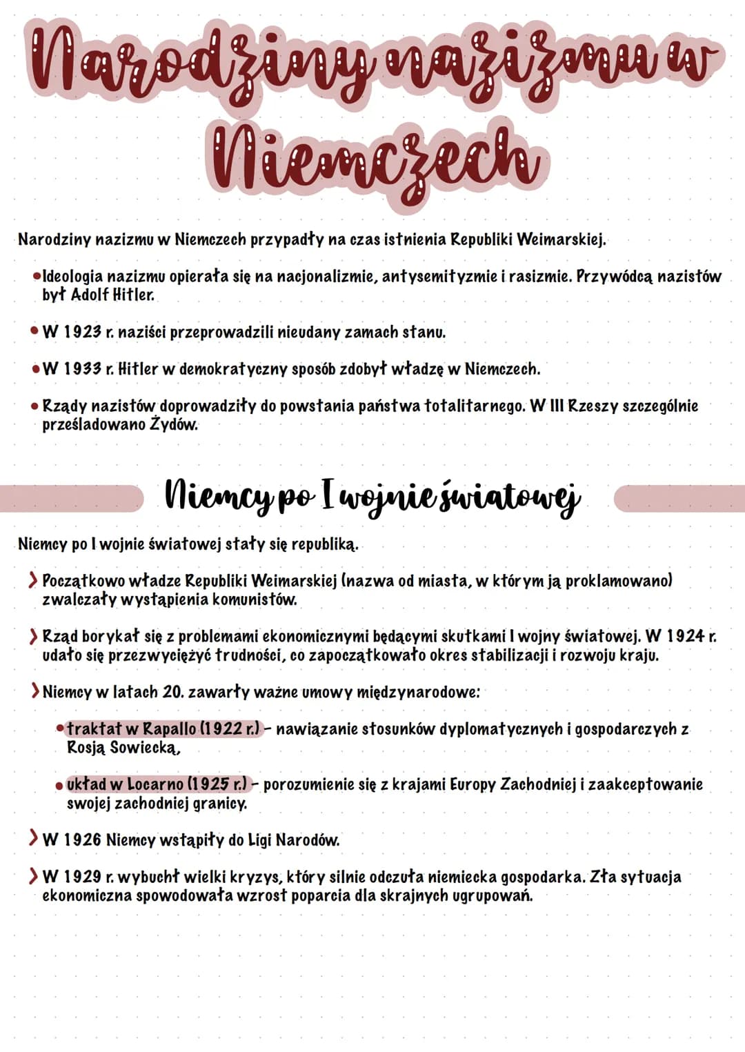 
<p>Narodziny nazizmu w Niemczech przypadły na czas istnienia Republiki Weimarskiej. Ideologia nazizmu opierała się na nacjonalizmie, antyse