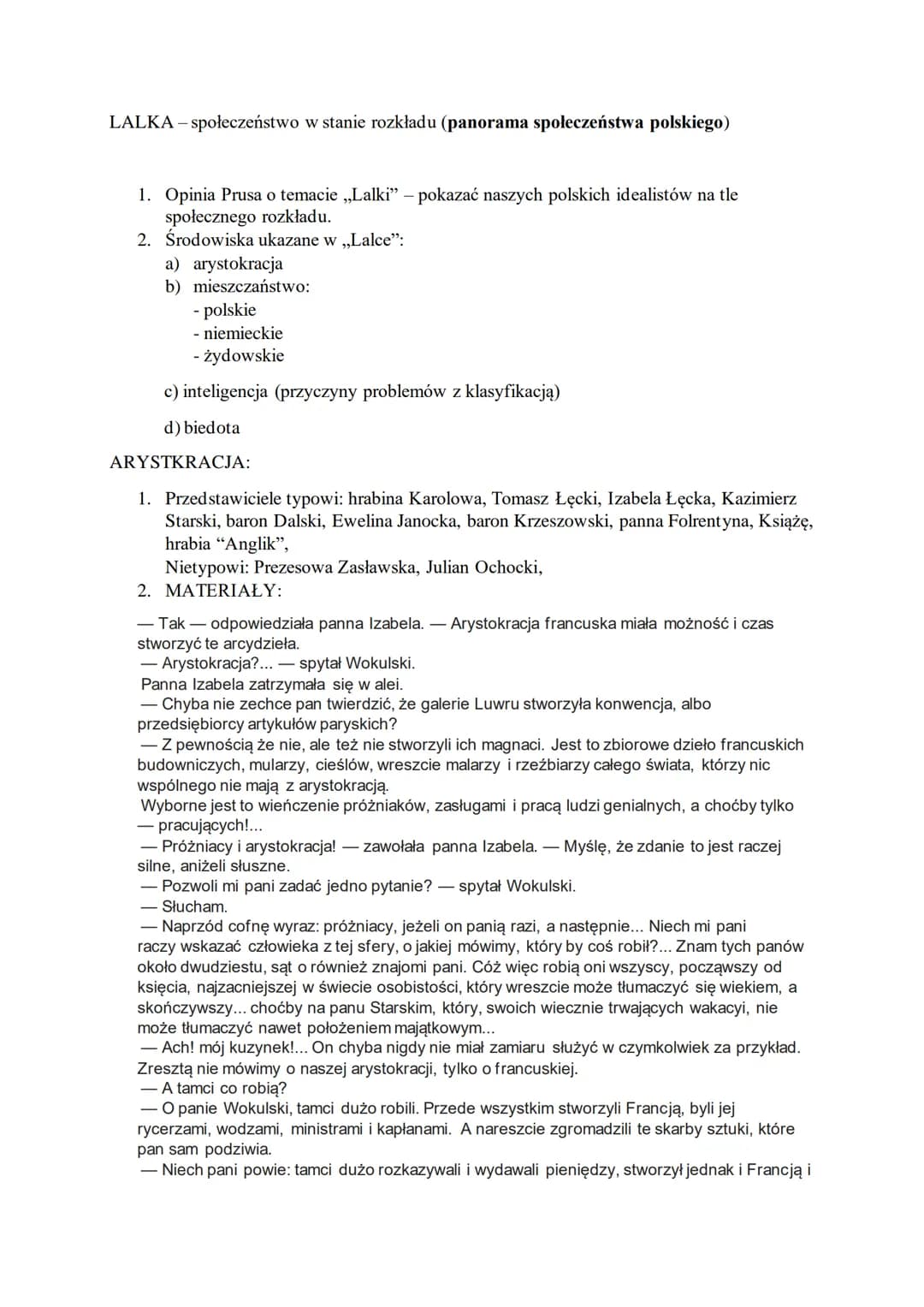 LALKA - społeczeństwo w stanie rozkładu (panorama społeczeństwa polskiego)
1. Opinia Prusa o temacie ,,Lalki" - pokazać naszych polskich ide