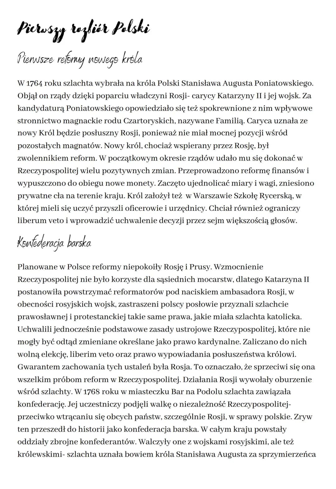 Pierwszy rozbiór Polski
Pierwsze reformy nowegs
króla
W 1764 roku szlachta wybrała na króla Polski Stanisława Augusta Poniatowskiego.
Objął 