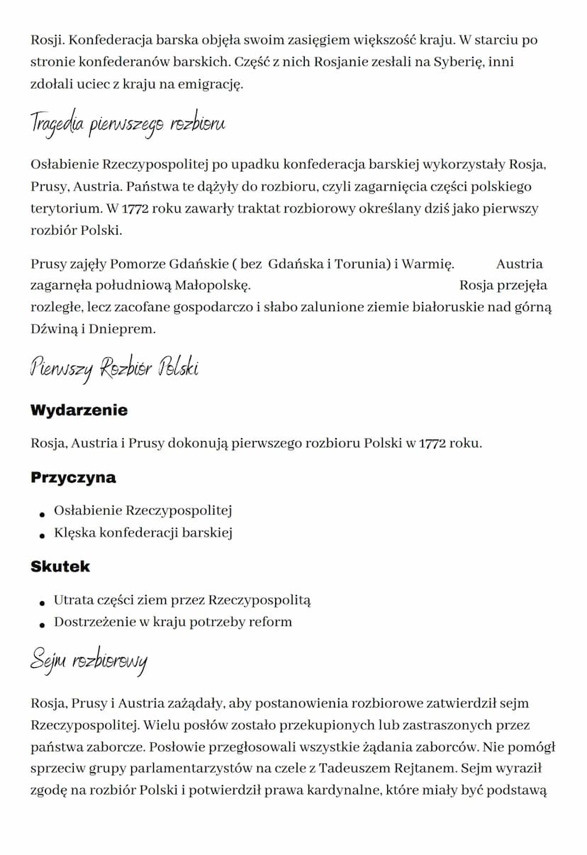 Pierwszy rozbiór Polski
Pierwsze reformy nowegs
króla
W 1764 roku szlachta wybrała na króla Polski Stanisława Augusta Poniatowskiego.
Objął 