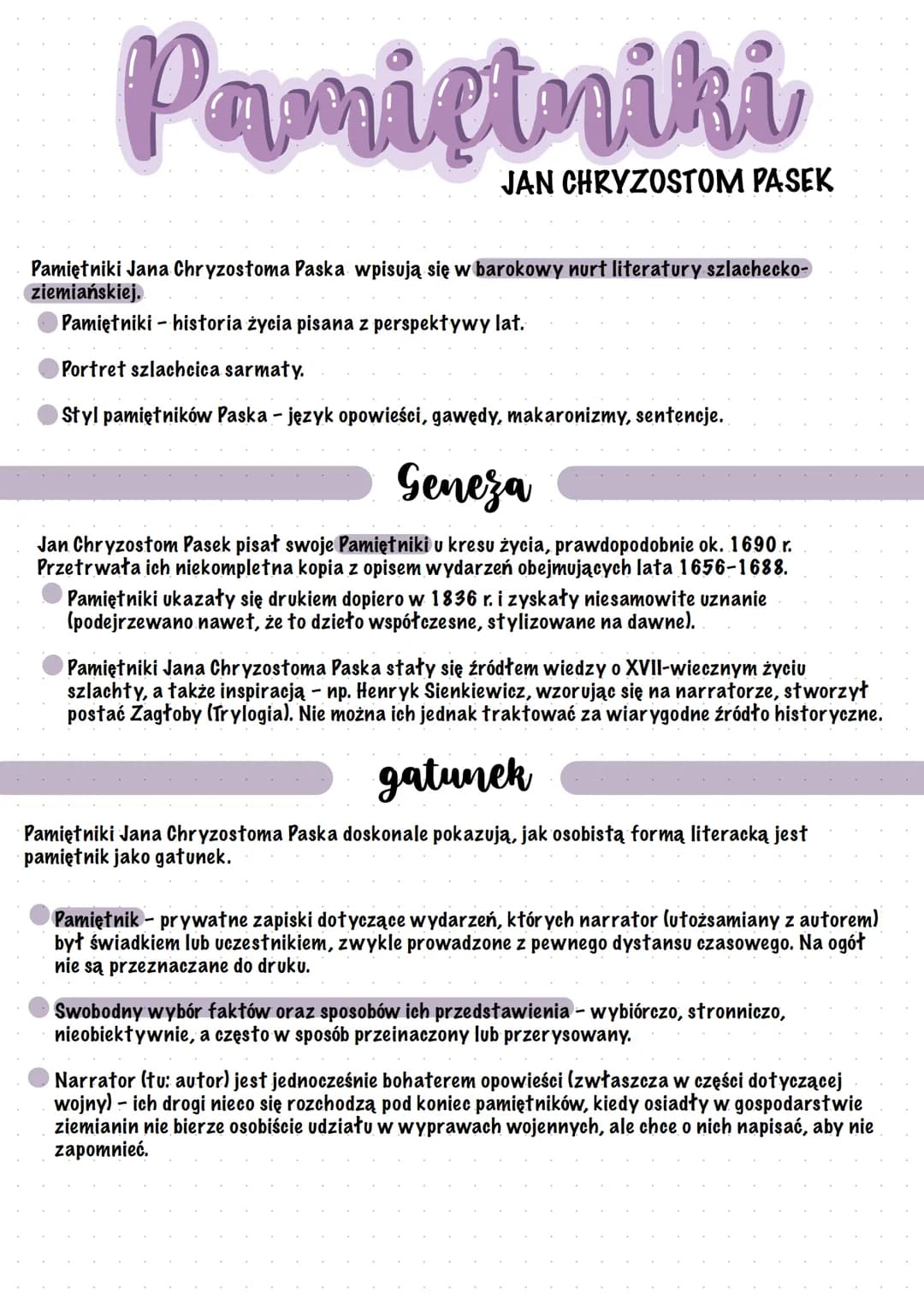 
<p>Pamiętniki Jana Chryzostoma Paska to dzieło literackie wpisujące się w nurt baroku szlachecko-ziemiańskiego życie oraz prezentujące port