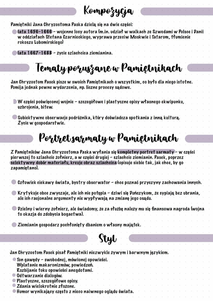 
<p>Pamiętniki Jana Chryzostoma Paska to dzieło literackie wpisujące się w nurt baroku szlachecko-ziemiańskiego życie oraz prezentujące port
