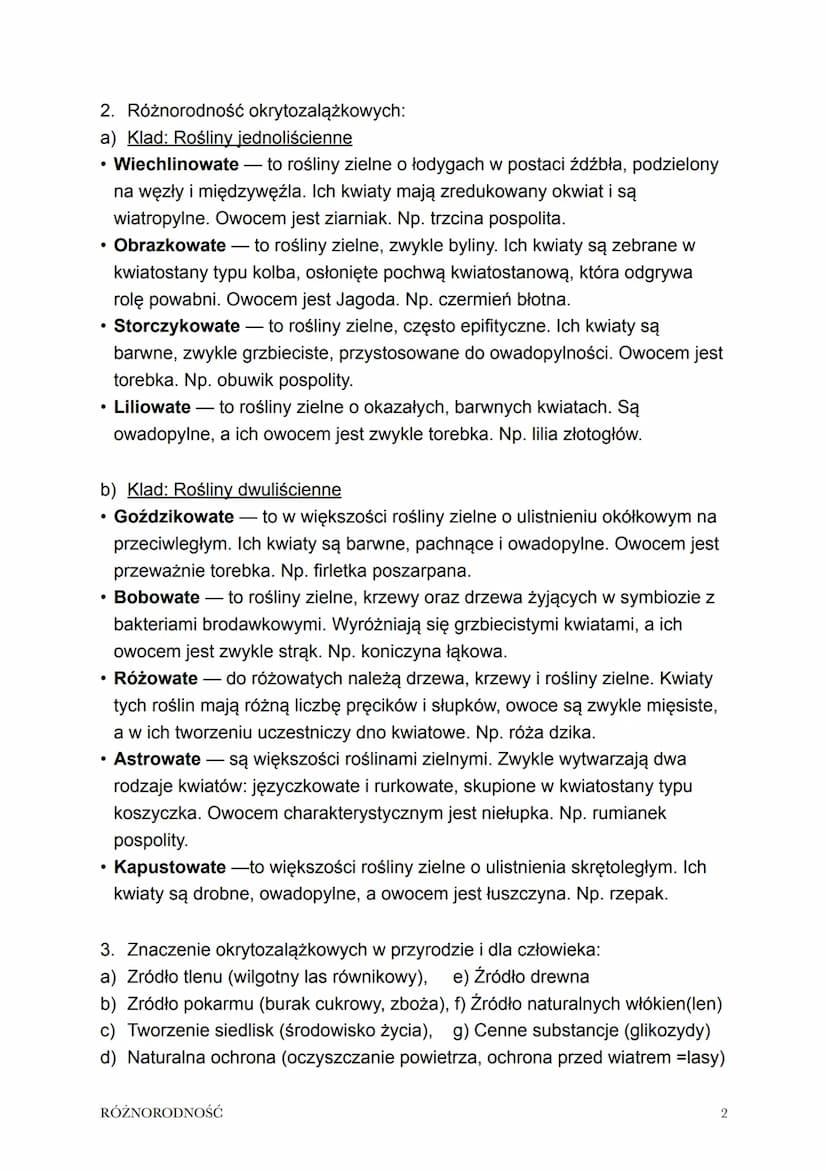 Temat: Różnorodność i znaczenie roślin okrytozalążkowych.
1. Porównanie roślin dwuliściennych z roślinami jednoliściennymi.
Przegląd systema
