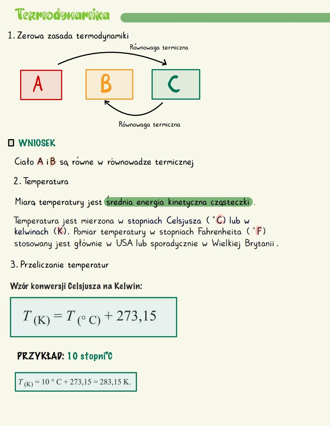 # Termodynamika

1. Zerowa zasada termodynamiki

Równowaga termiczna

A

B

C

Równowaga termiczna

WNIOSEK

Ciało A i B są równe w równowad