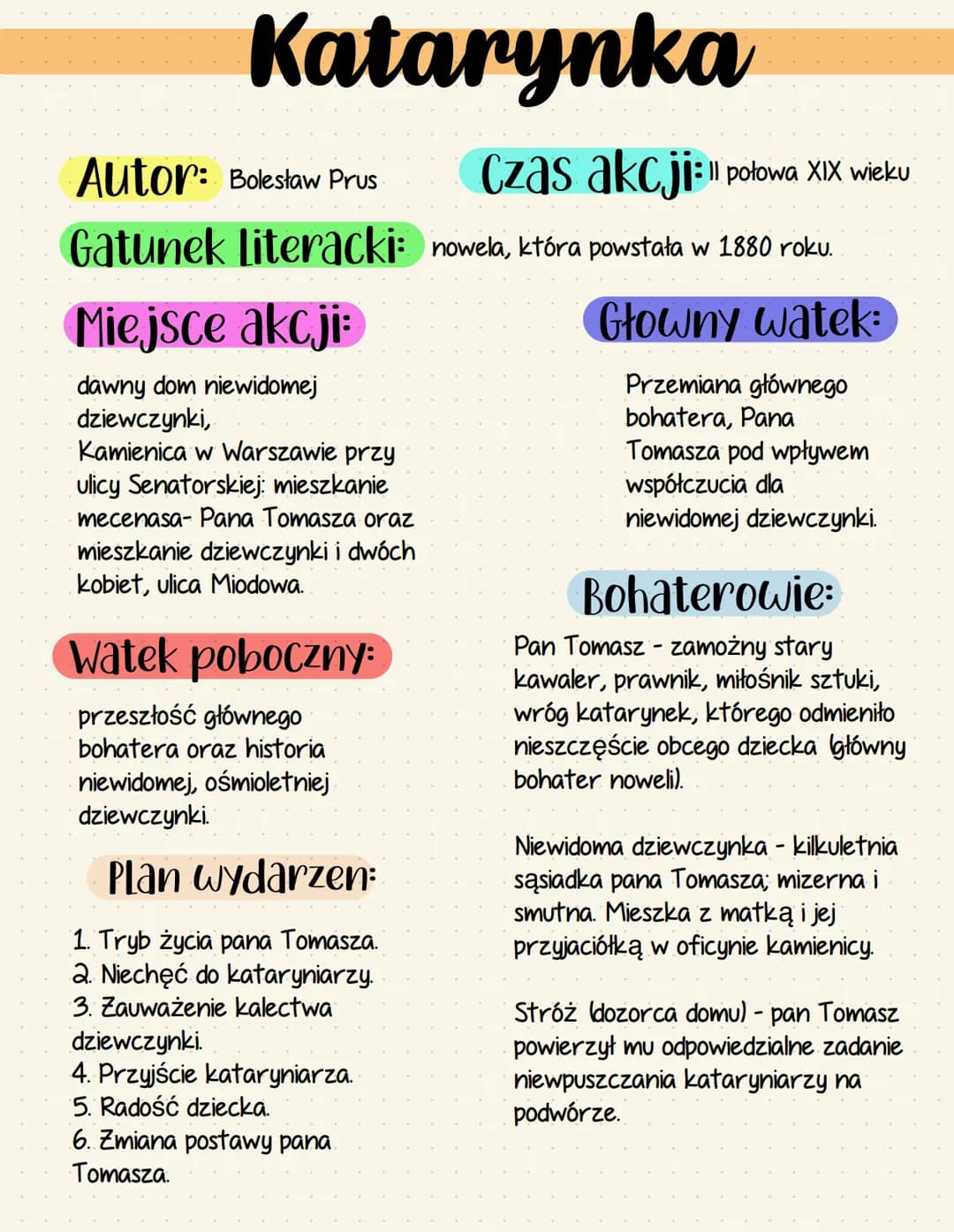 Katarynka
Autor: Bolestaw Prus
Gatunek literacki:
Miejsce akcji:
dawny dom niewidomej
dziewczynki,
Kamienica w Warszawie przy
ulicy Senators