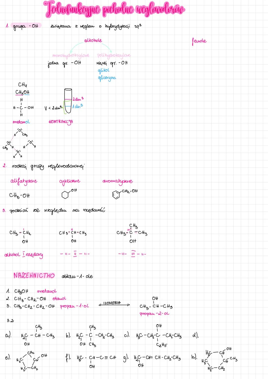 1.
-01
grupa
сни
CH₂OH
H
I
H-C-OH
a).
(
e).
H
metanol
10-4.1
3.2
- OH
01
i-Chy
CH₂ - CH₂
I
OH
-91
alkohol I mędowy
2. rodzaj grupy węglowodo