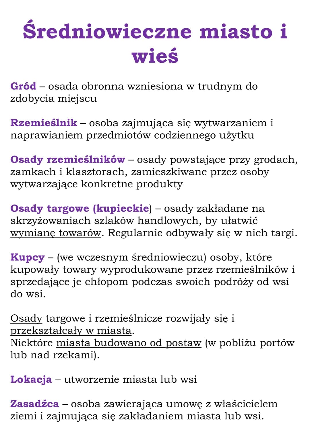 Średniowieczne miasto i
wieś
Gród - osada obronna wzniesiona w trudnym do
zdobycia miejscu
Rzemieślnik - osoba zajmująca się wytwarzaniem i
