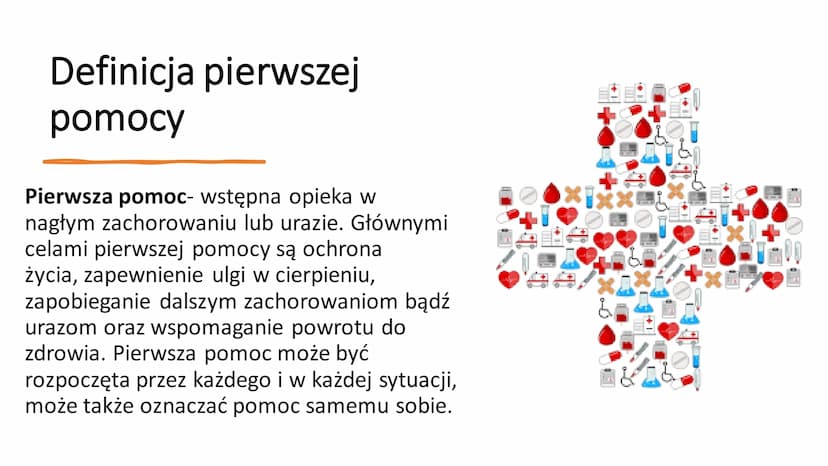 FIRSTAID
Pierwsza
pomoc
wytyczne ERC
2021
MF 3A Definicja pierwszej
pomocy
Pierwsza pomoc- wstępna opieka w
nagłym zachorowaniu lub urazie. 