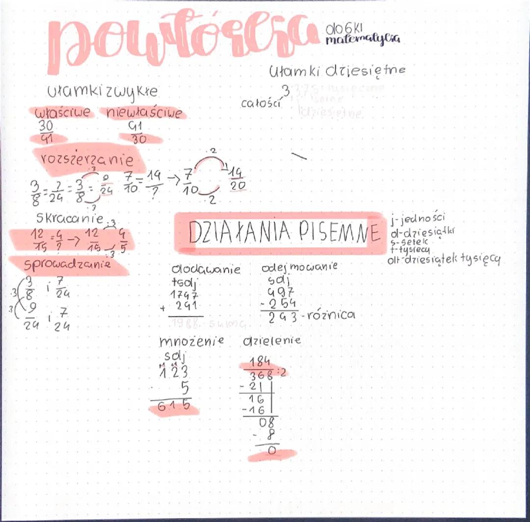 Notatka powtórzenie do 6 klasy matematyka 