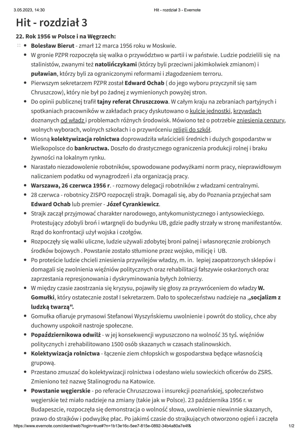 3.05.2023, 14:30
Hit - rozdział 3
Hit - rozdział 3 - Evernote
22. Rok 1956 w Polsce i na Węgrzech:
• Bolesław Bierut - zmarł 12 marca 1956 r