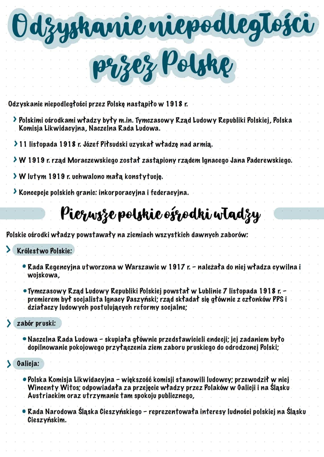 Odzyskanie niepodległości
przez Polskę
Odzyskanie niepodległości przez Polskę nastąpiło w 1918 r.
> Polskimi ośrodkami władzy były m.in. Tym