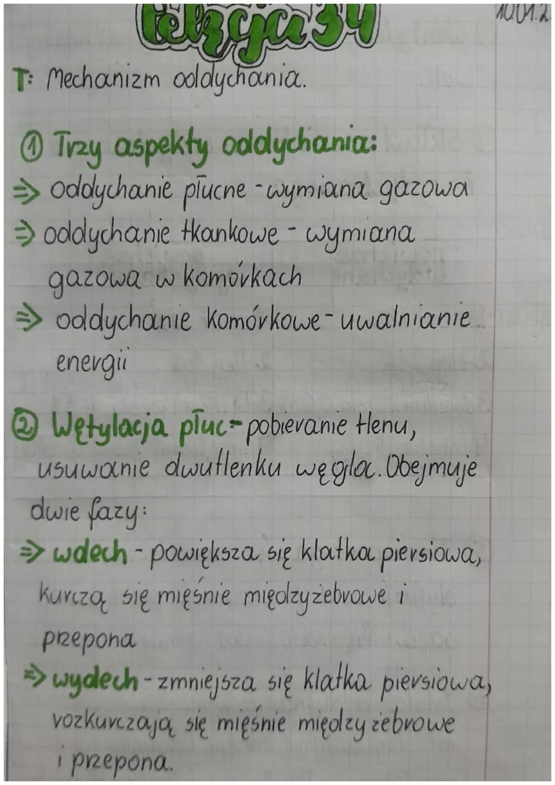 telzcja sy
T: Mechanizm ooldychania.
Trzy aspekty oddychania:
=> oddychanie płucne - wymiana gazowa
⇒ oddychanie tkankowe - wymiana
gazowa w