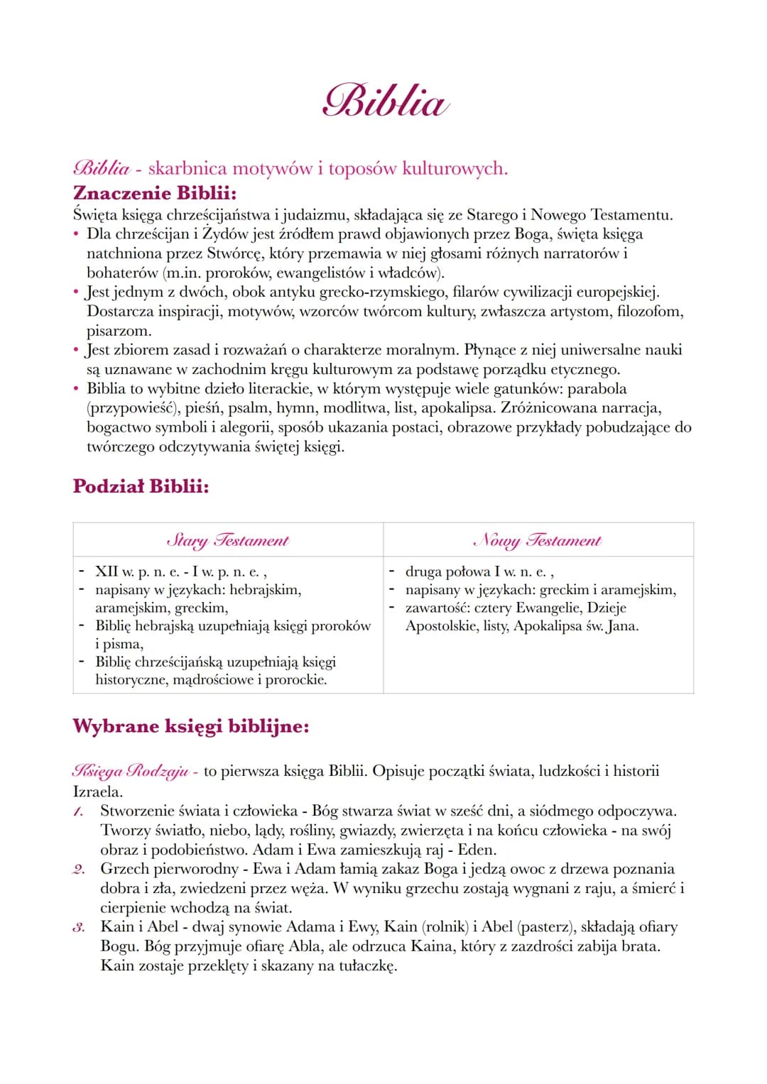--- OCR Start ---
Biblia
Biblia - skarbnica motywów i toposów kulturowych.
Znaczenie Biblii:
Święta księga chrześcijaństwa i judaizmu, skład