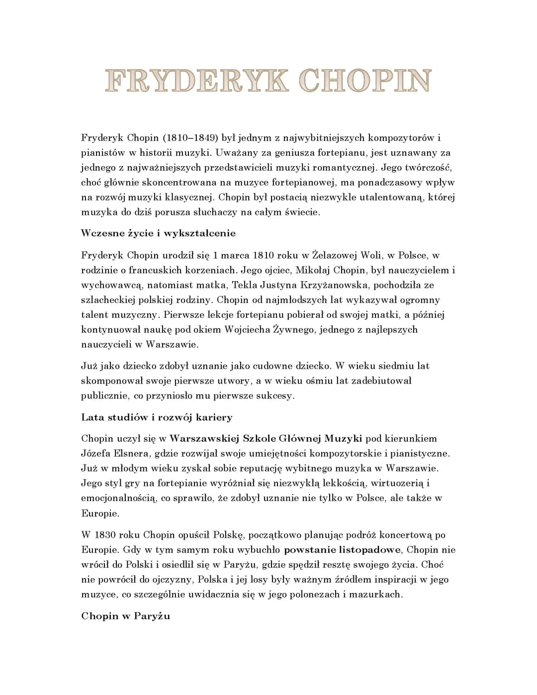 Fryderyk Chopin - notatka o postaci