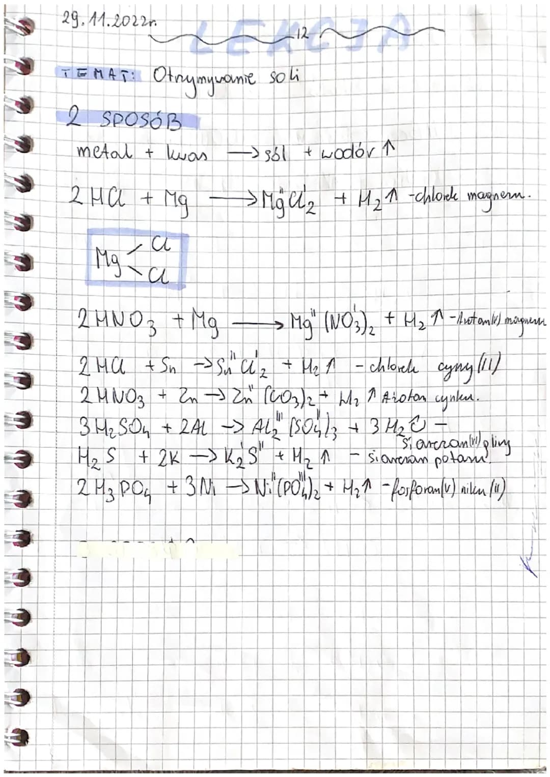 29.11.2022
H
سه سمن
TEMAT: Otrymywanie soli
-12
2 SPOSÓB
metal + kwas -> sól + wodór ↑
MgCl₂
2 H C + Mg
Mg
·a
-
Mg xa
+ H₂11 -chlorek magner