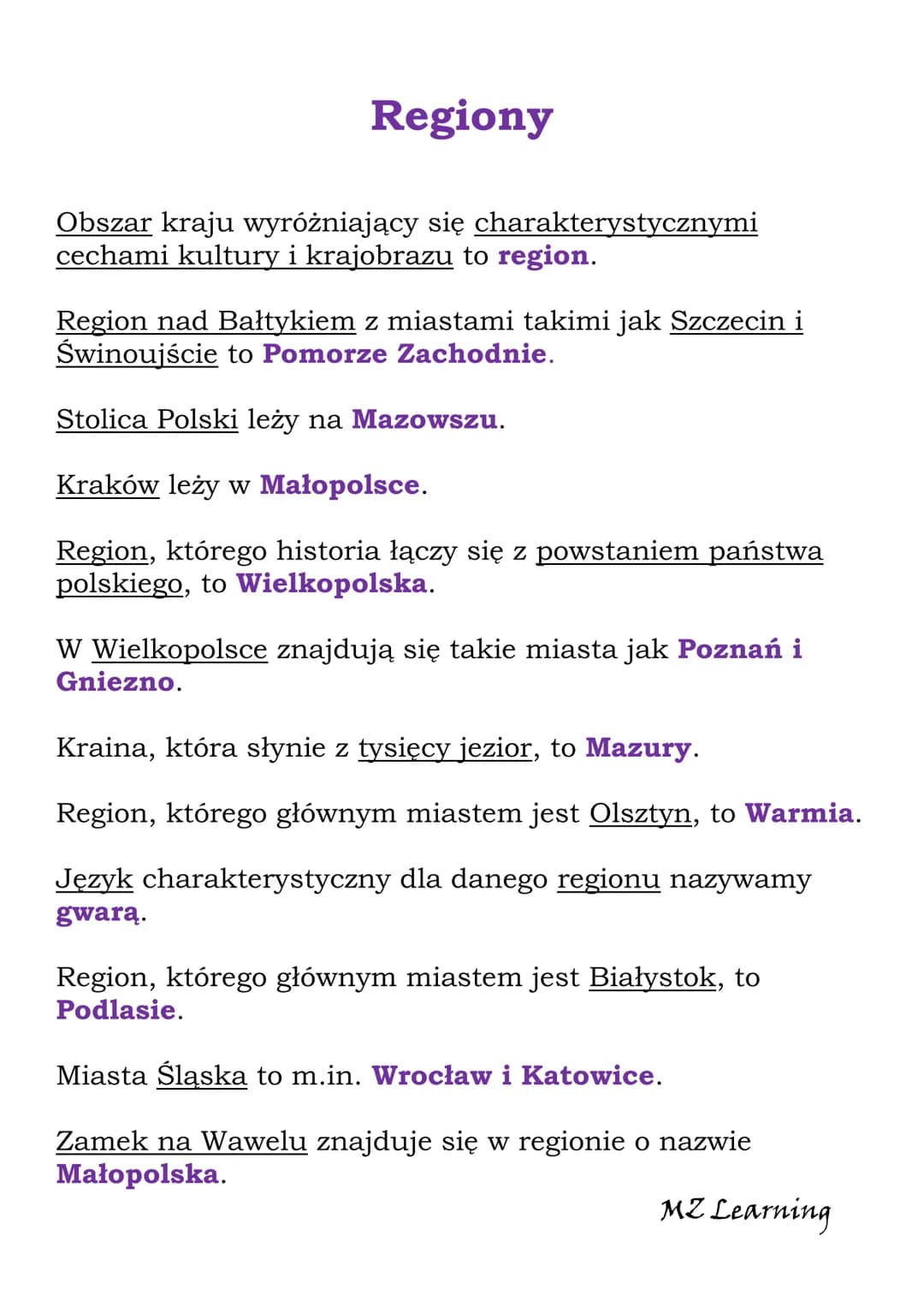 Regiony
Obszar kraju wyróżniający się charakterystycznymi
cechami kultury i krajobrazu to region.
Region nad Bałtykiem z miastami takimi jak