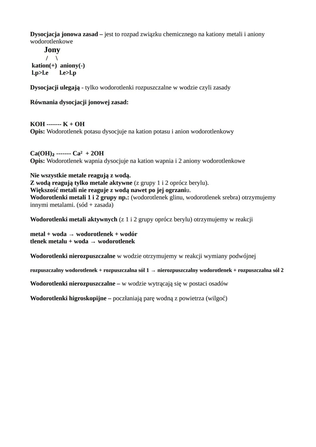 Zasady:
Wodorotlenki- to związki chemiczne zbudowane z kationów metalu i anionów wodorotlenkowych.
W cząsteczce wodorotlenku jest tyle grup 