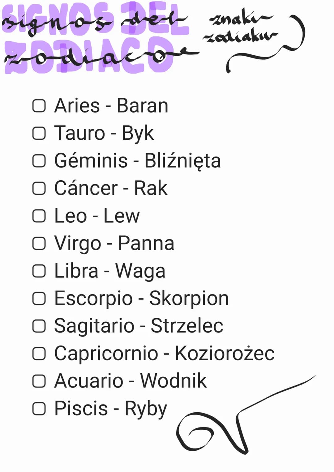 signos del znakin
zodiaco
zatiaku
O Aries - Baran
O Tauro - Byk
O Géminis - Bliźnięta
Cáncer - Rak
O Leo - Lew
O Virgo - Panna
O Libra - Wag