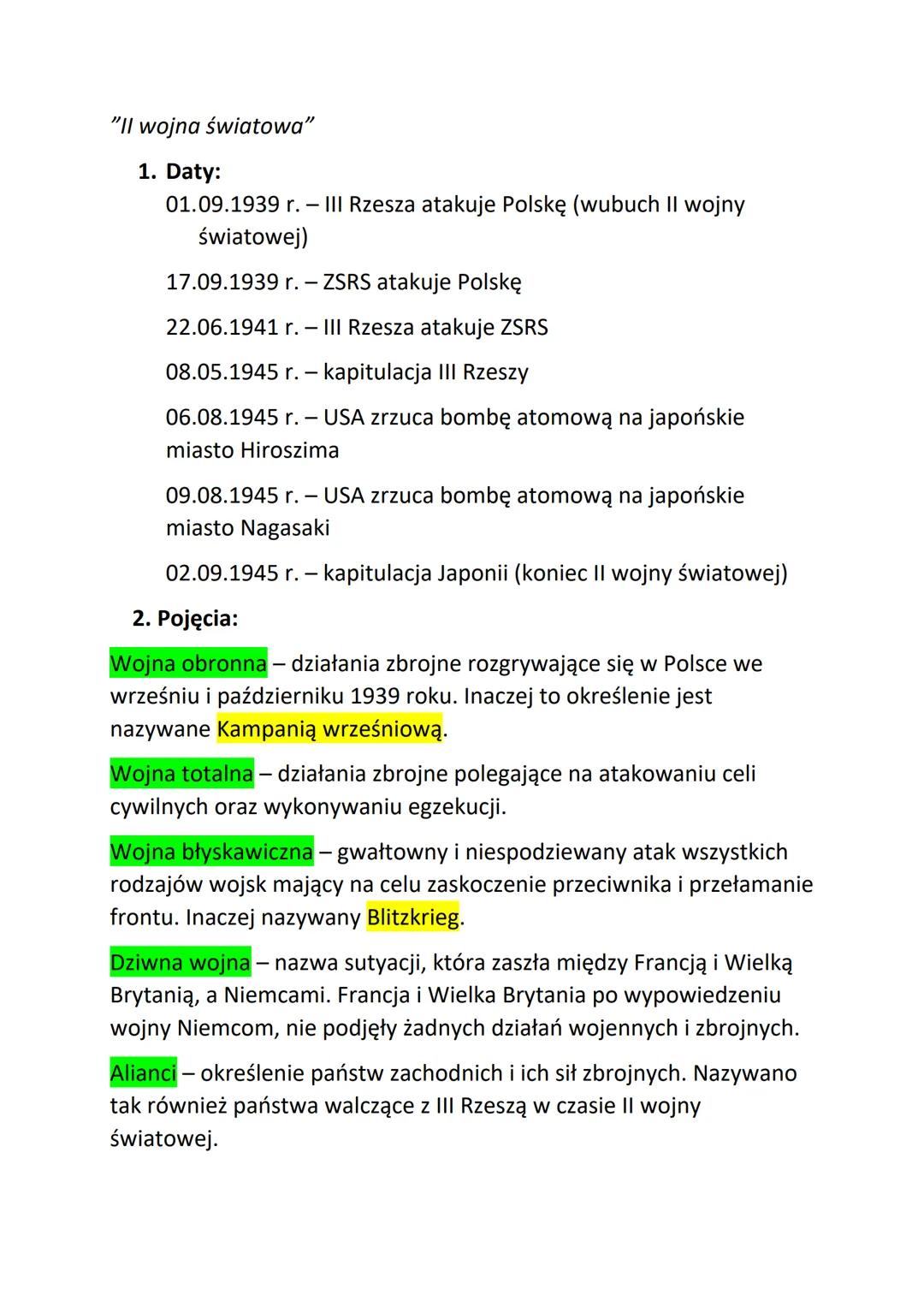 "II wojna światowa"
1. Daty:
01.09.1939 r. - III Rzesza atakuje Polskę (wubuch II wojny
światowej)
17.09.1939 r. - ZSRS atakuje Polskę
22.06