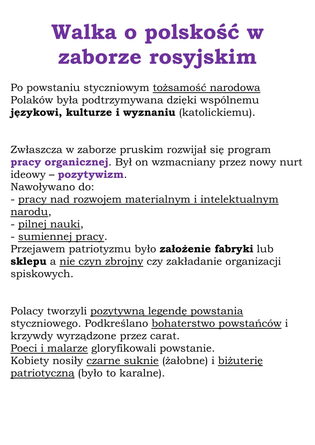 Walka o polskość w
zaborze rosyjskim
Po powstaniu styczniowym tożsamość narodowa
Polaków była podtrzymywana dzięki wspólnemu
językowi, kultu