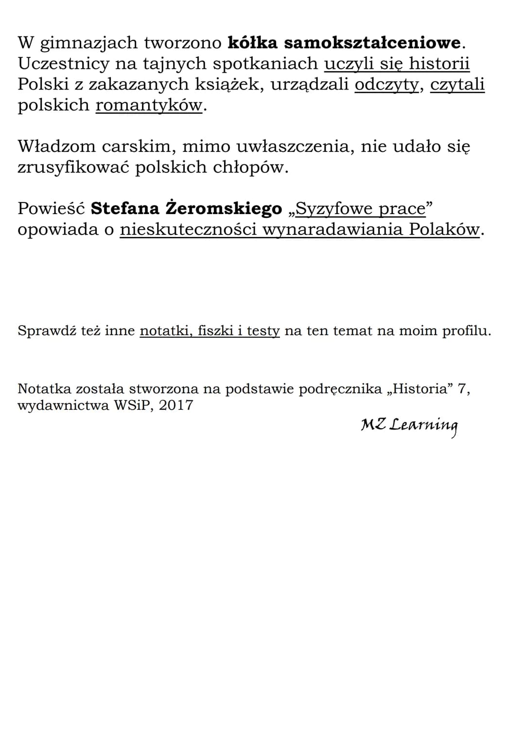 Walka o polskość w
zaborze rosyjskim
Po powstaniu styczniowym tożsamość narodowa
Polaków była podtrzymywana dzięki wspólnemu
językowi, kultu