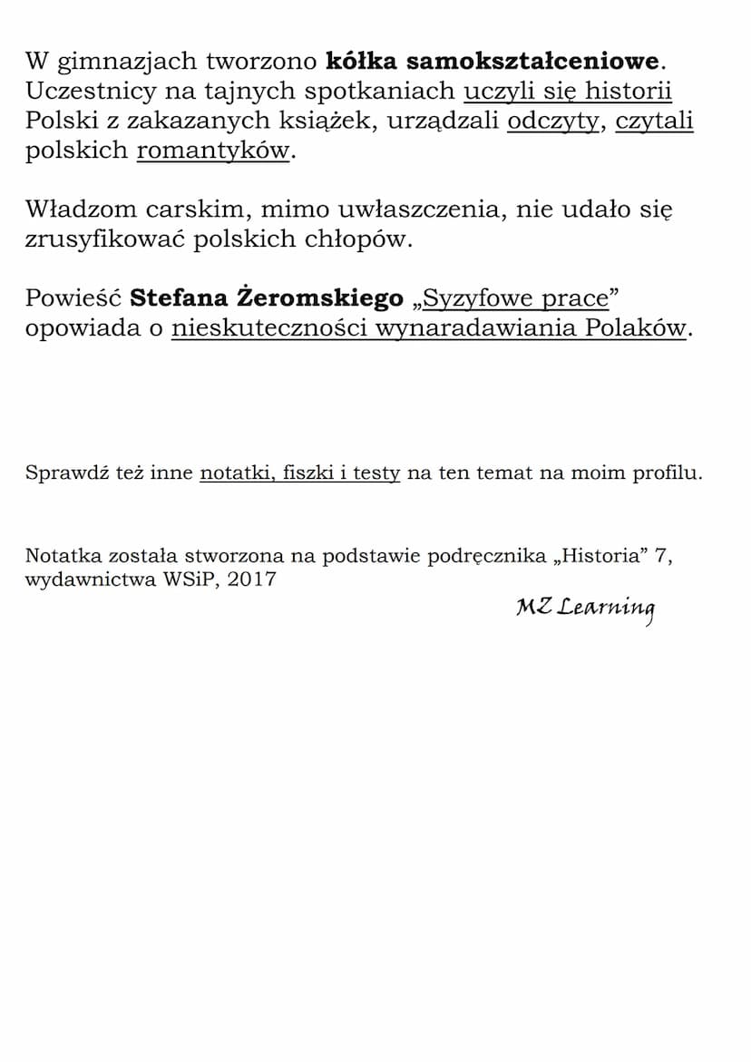 Walka o polskość w
zaborze rosyjskim
Po powstaniu styczniowym tożsamość narodowa
Polaków była podtrzymywana dzięki wspólnemu
językowi, kultu