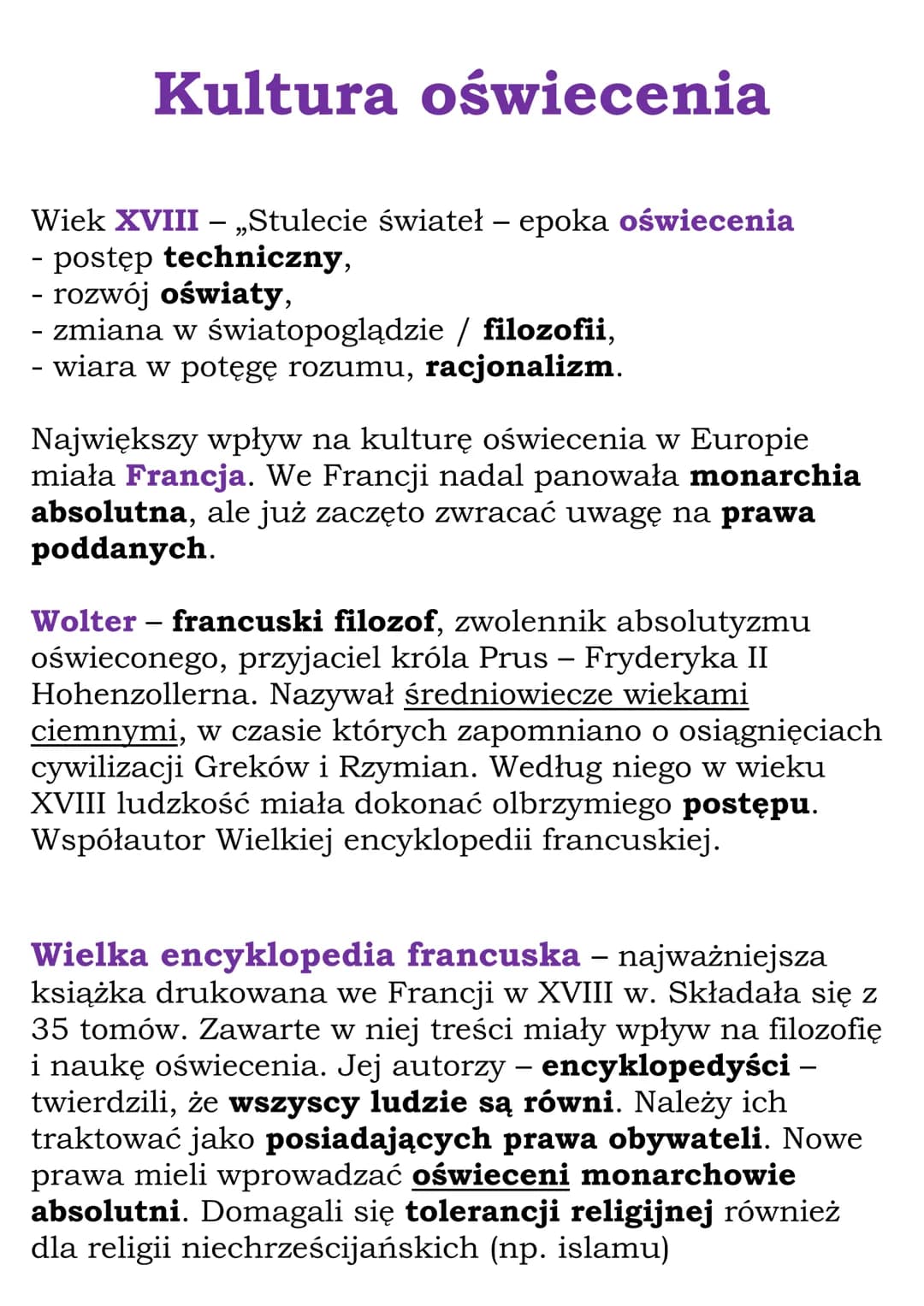 Kultura oświecenia
-
Wiek XVIII – „Stulecie świateł – epoka oświecenia
- postęp techniczny,
- rozwój oświaty,
- zmiana w światopoglądzie / f