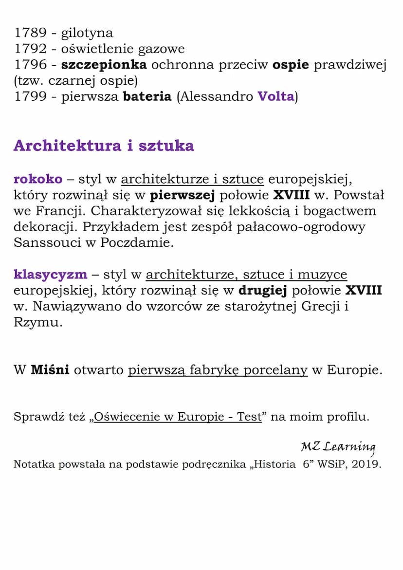 Kultura oświecenia
-
Wiek XVIII – „Stulecie świateł – epoka oświecenia
- postęp techniczny,
- rozwój oświaty,
- zmiana w światopoglądzie / f