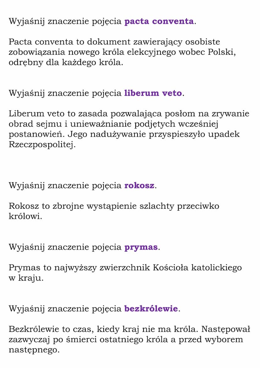 Elekcja
(Dział: Czasy królów elekcyjnych)
Fiszki
Wyjaśnij znaczenie pojęcia wolna elekcja.
Wolna elekcja to wybór króla na sejmie elekcyjnym