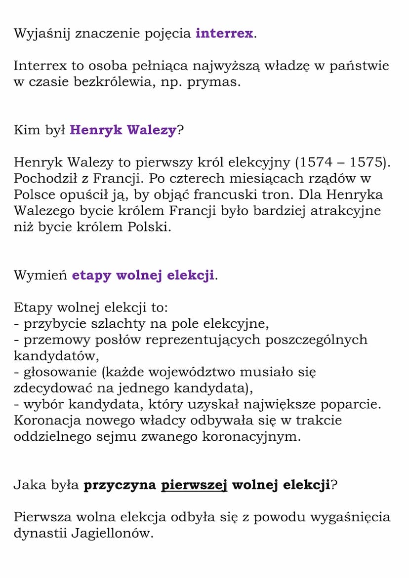 Elekcja
(Dział: Czasy królów elekcyjnych)
Fiszki
Wyjaśnij znaczenie pojęcia wolna elekcja.
Wolna elekcja to wybór króla na sejmie elekcyjnym
