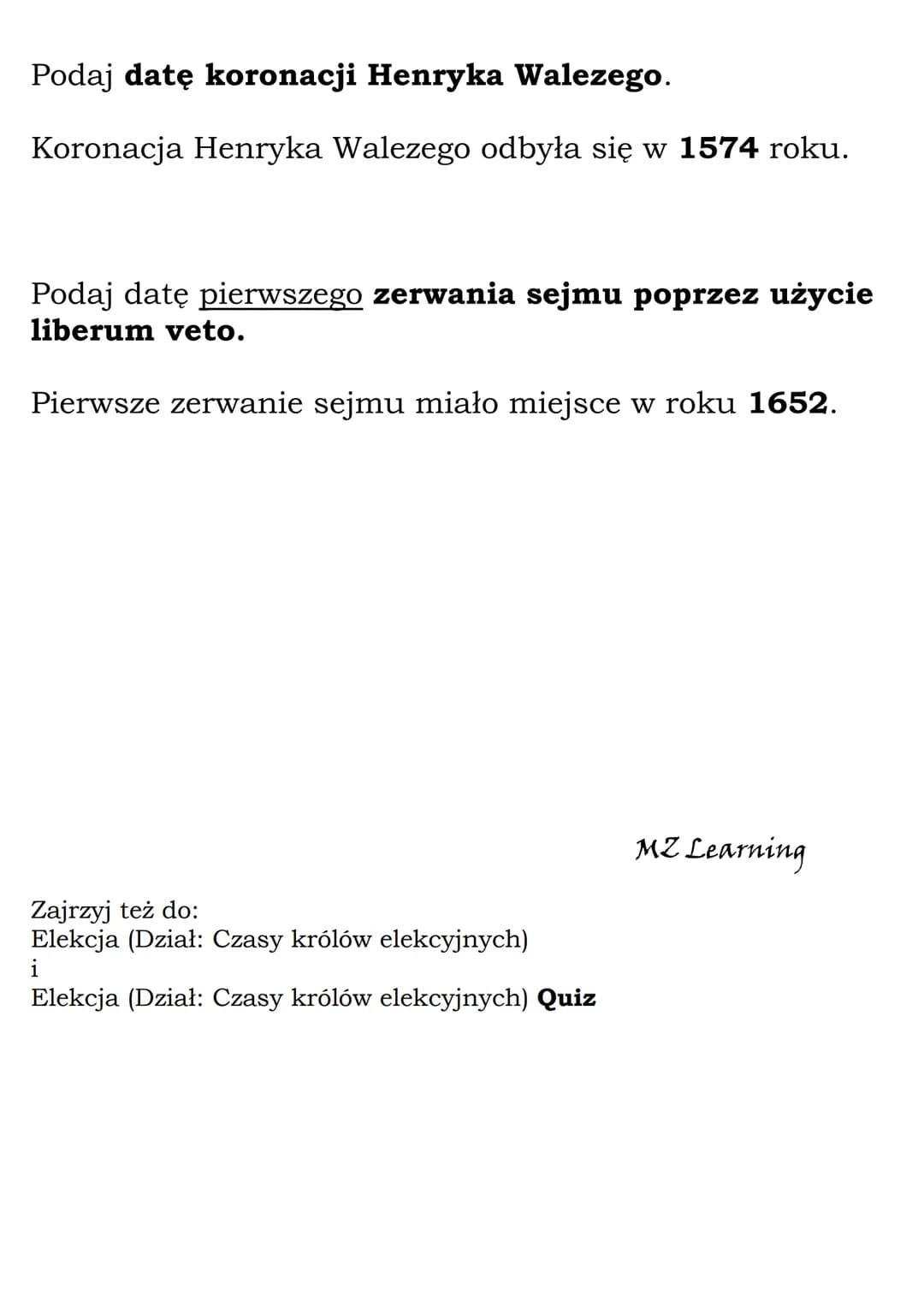 Elekcja
(Dział: Czasy królów elekcyjnych)
Fiszki
Wyjaśnij znaczenie pojęcia wolna elekcja.
Wolna elekcja to wybór króla na sejmie elekcyjnym