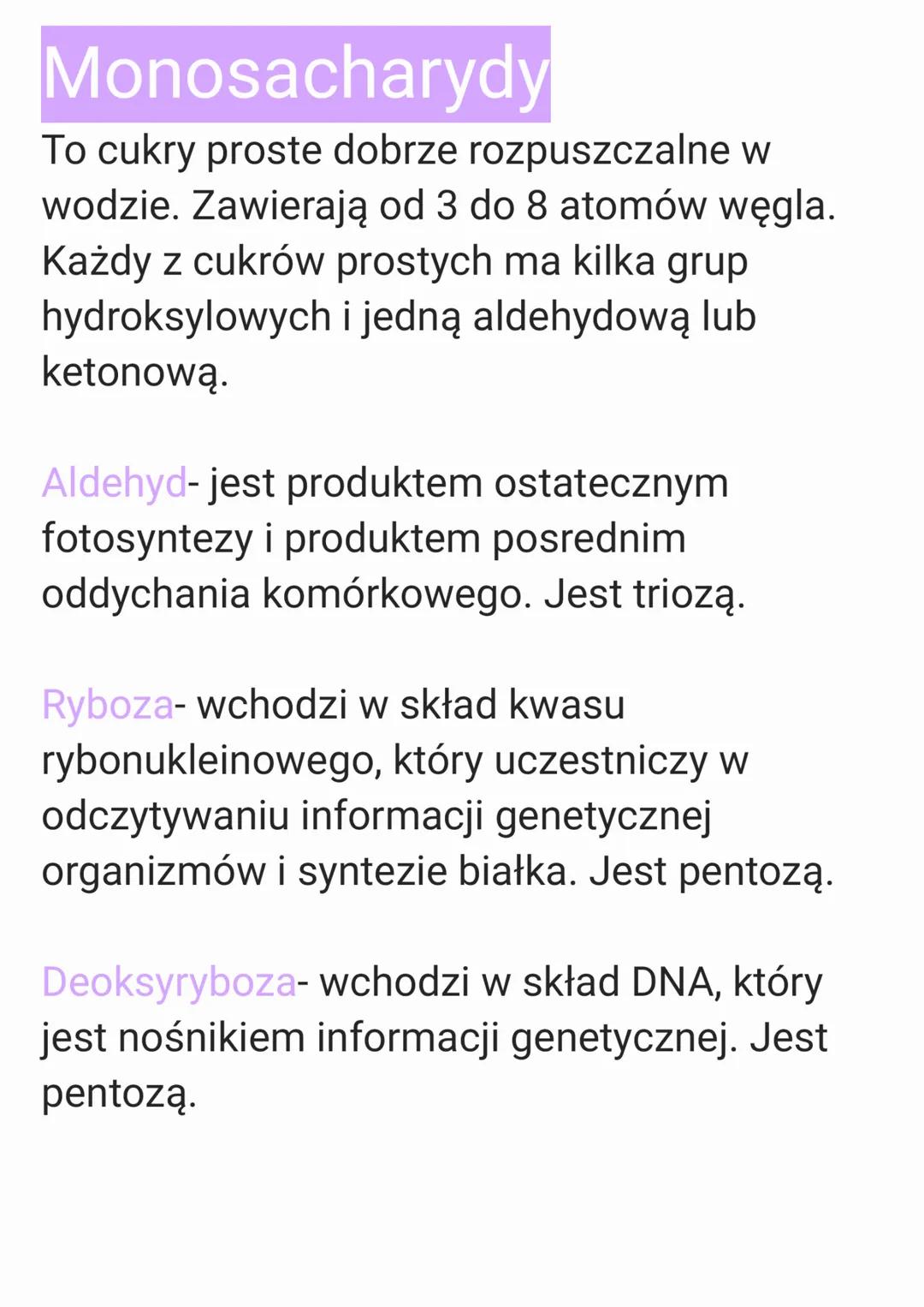Monosacharydy
To cukry proste dobrze rozpuszczalne w
wodzie. Zawierają od 3 do 8 atomów węgla.
Każdy z cukrów prostych ma kilka grup
hydroks