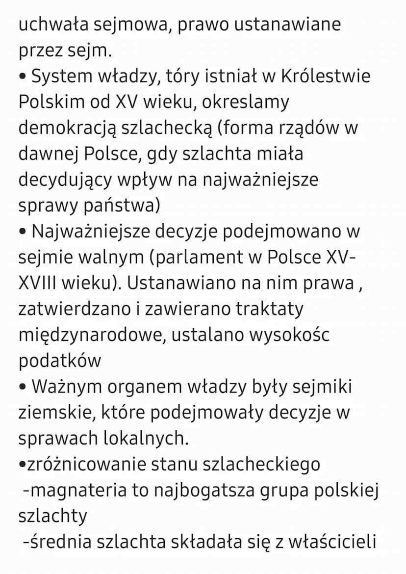 W Rzeczpospolitej szlacheckiej
1.Demokracja szlachecka
• Szlachta to potomkowie rycerstwa, które
pod koniec XV wieku zajęło się
zarządzaniem