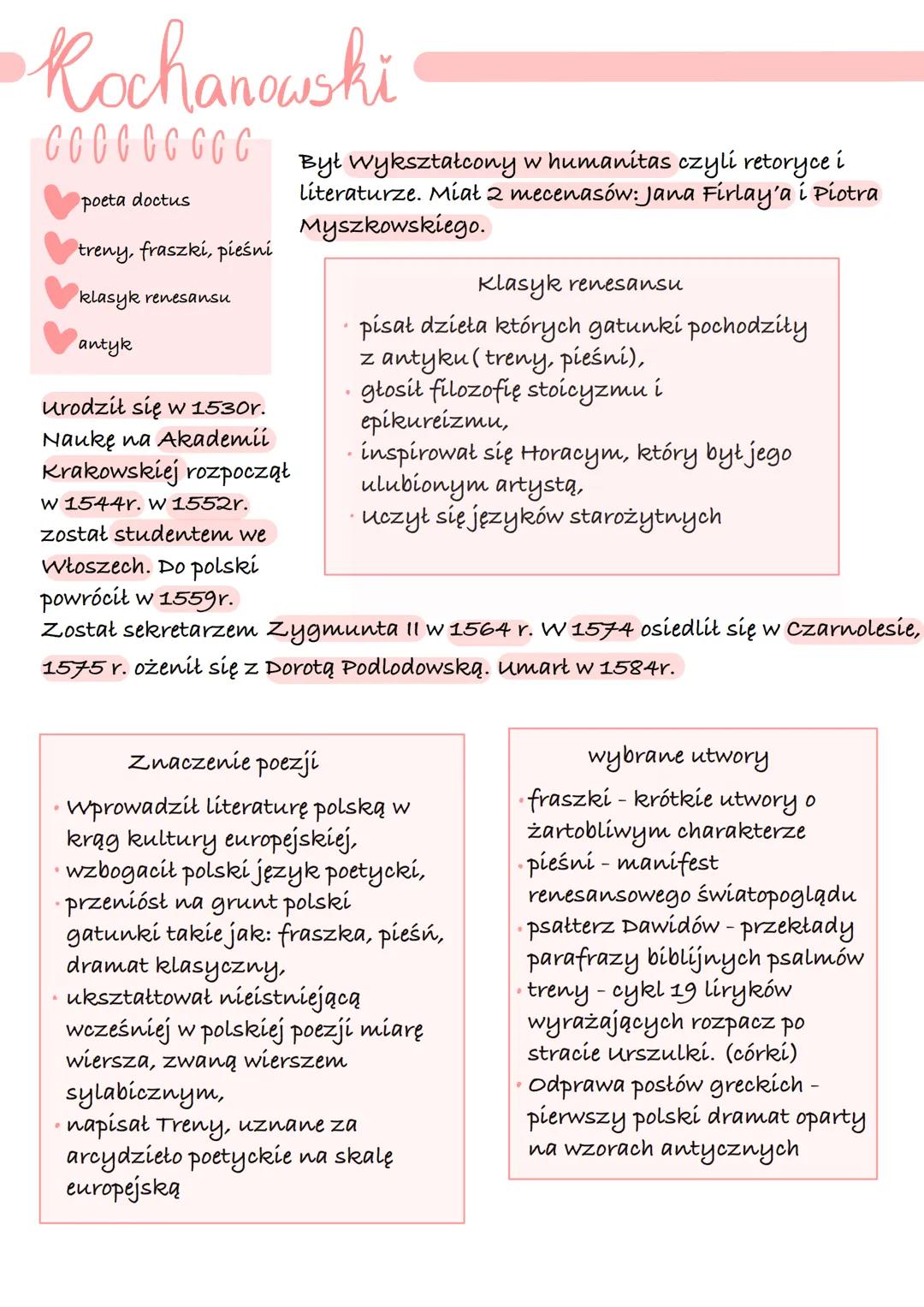 Rochanowski
ССС С СС GG С
poeta doctus
treny, fraszki, pieśni
klasyk renesansu
antyk
Był Wykształcony w humanitas czyli retoryce i
literatur