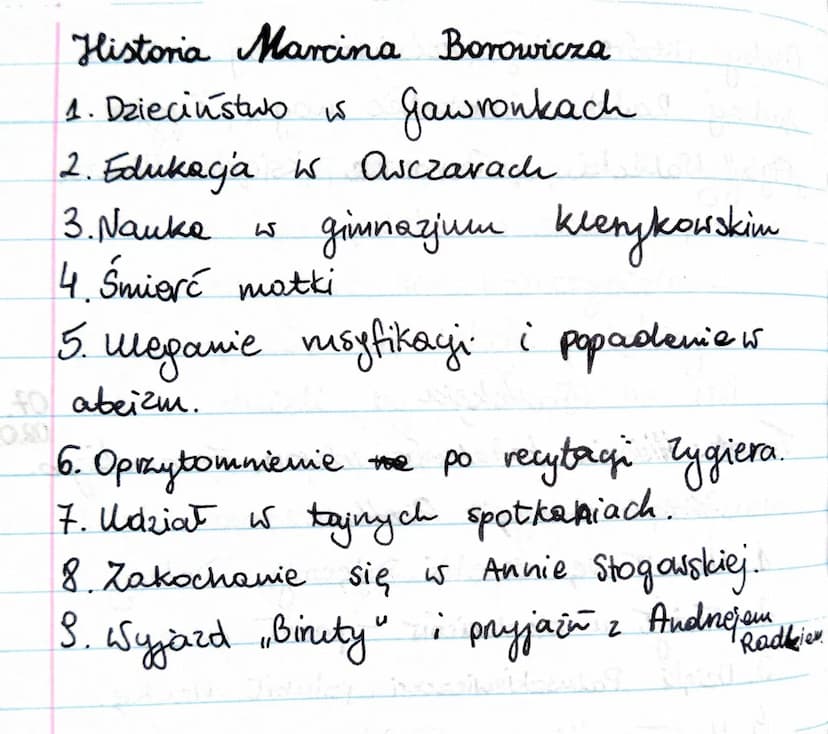 Temat: Historia bohatera's utwory Zeromskiego.
Historia Andrzeja Radka
1. Urodzit sie не
2. Służył
Пихут
3. Dzięki Paluszkiewiczowi polubit 