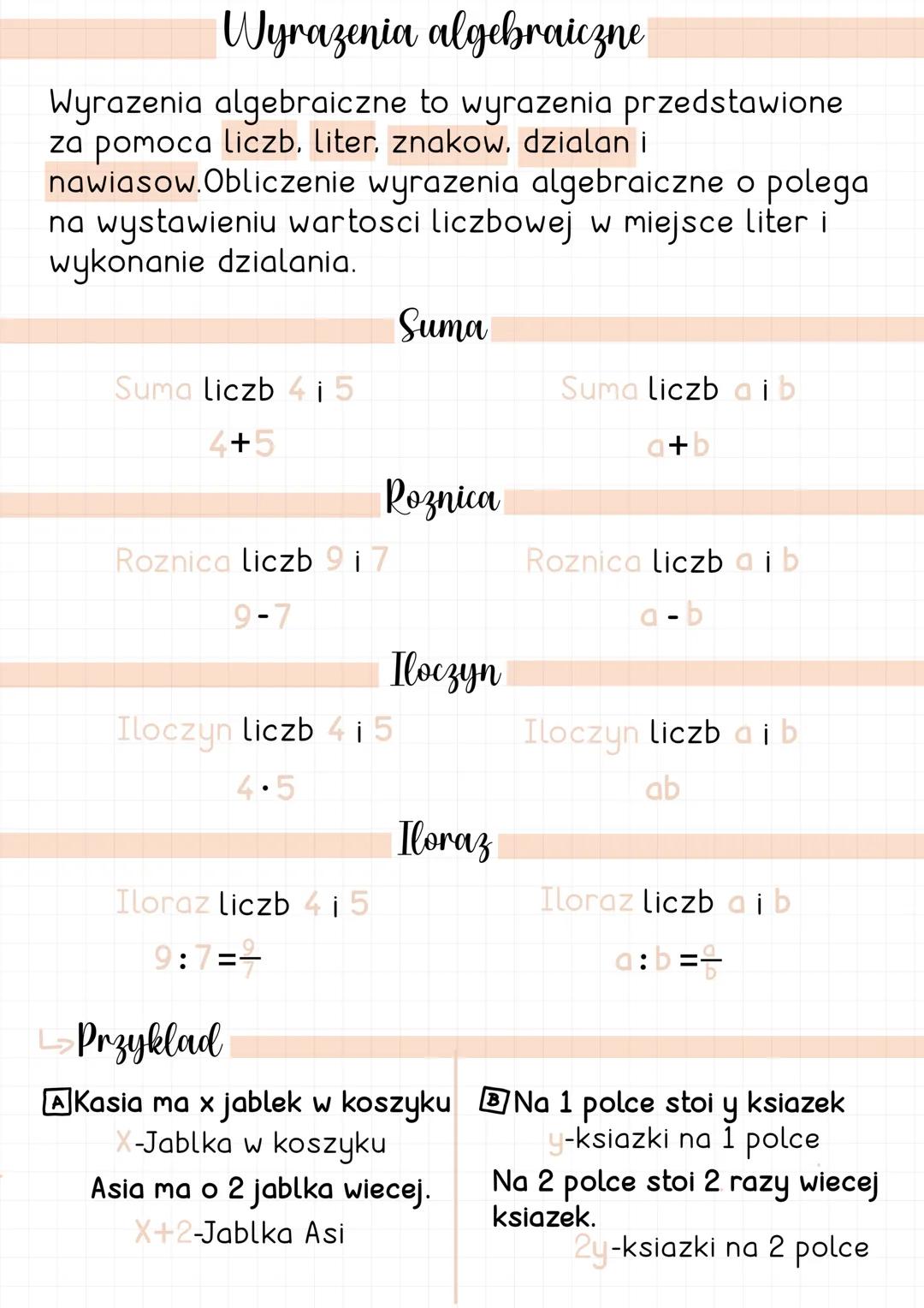 Wyrazenia algebraiczne
Wyrazenia algebraiczne to wyrazenia przedstawione
za pomoca liczb. liter, znakow, dzialan i
nawiasow.Obliczenie wyraz