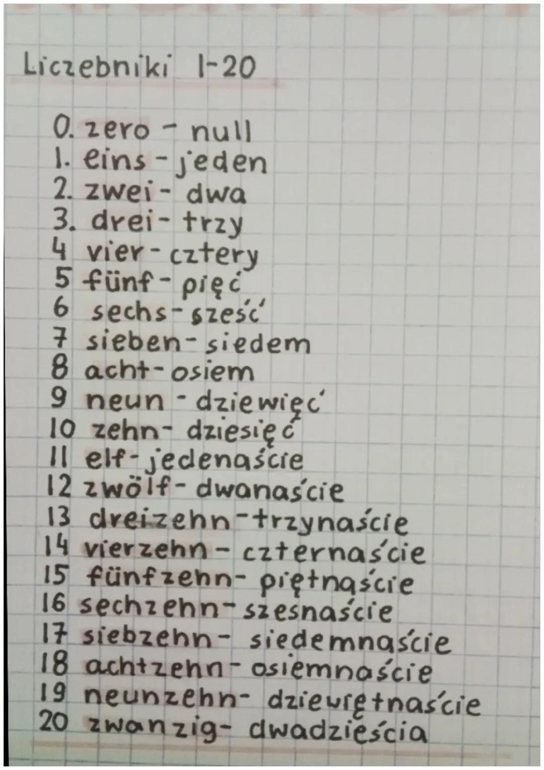 Liczebniki -20
0. zero - null
1. eins - jeden
2. zwei- dwa
3. drei- trzy
4 vier-cztery
5 fünf-pięć
6 sechs-sześć
7 sieben-siedem
8 acht-osie