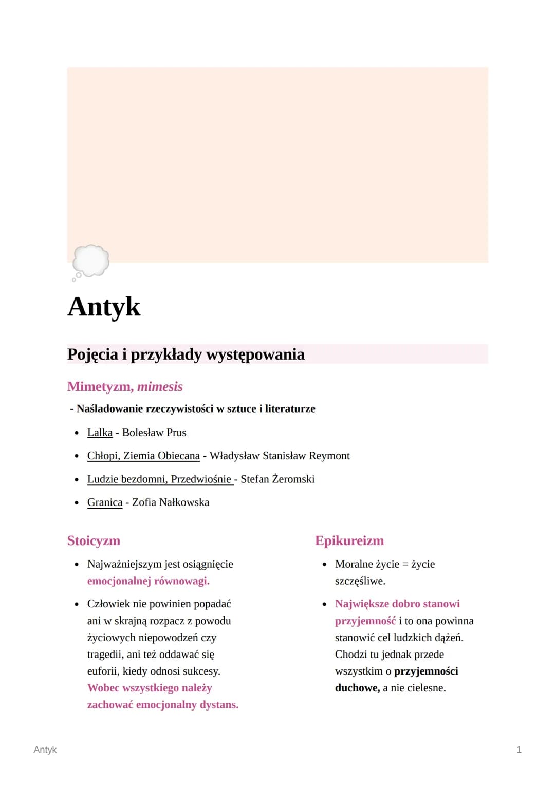 Antyk
O
Antyk
Pojęcia i przykłady występowania
Mimetyzm, mimesis
- Naśladowanie rzeczywistości w sztuce i literaturze
Lalka - Bolesław Prus
