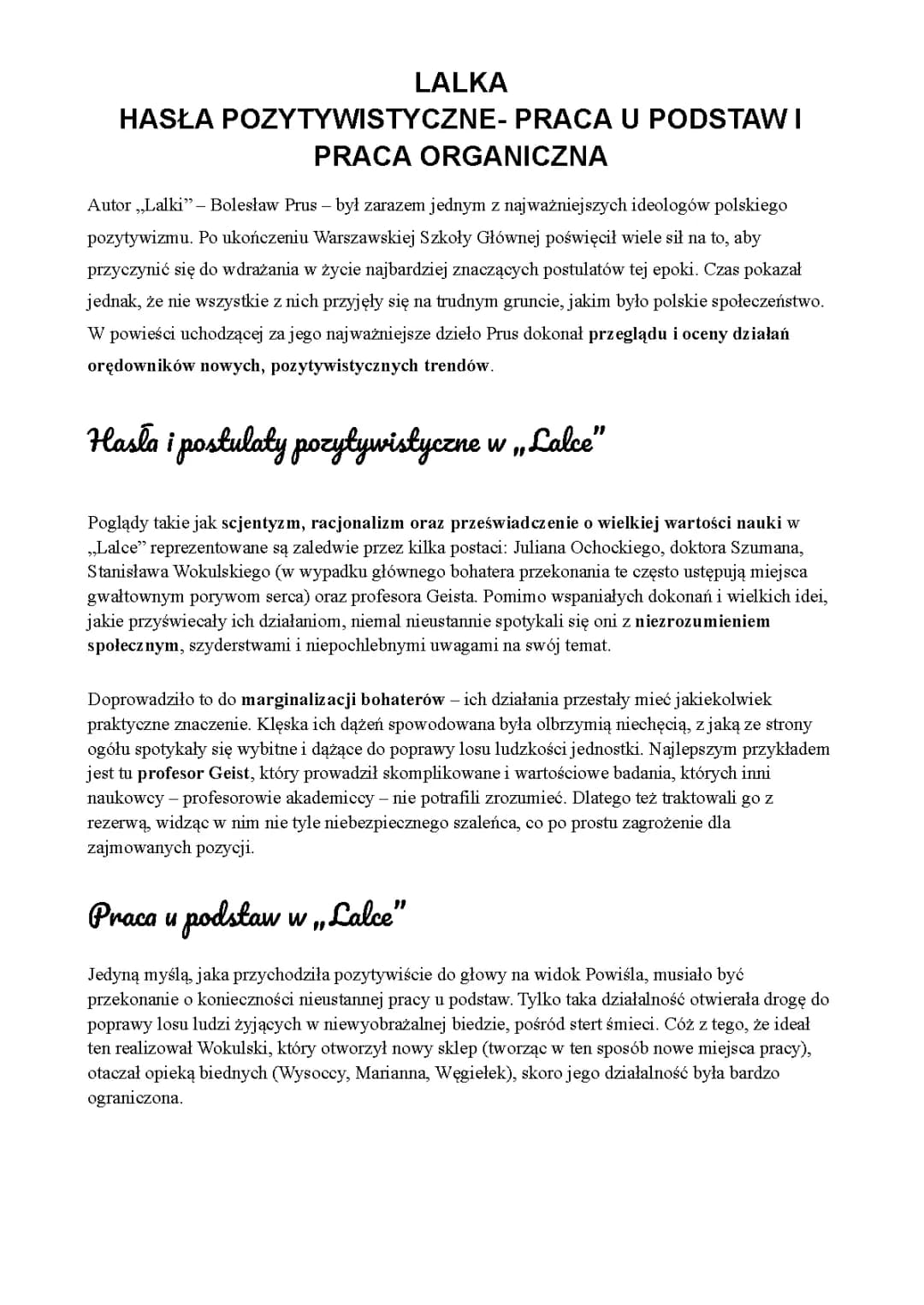 Hasła pozytywistyczne i praca u podstaw w Lalce Wokulskiego