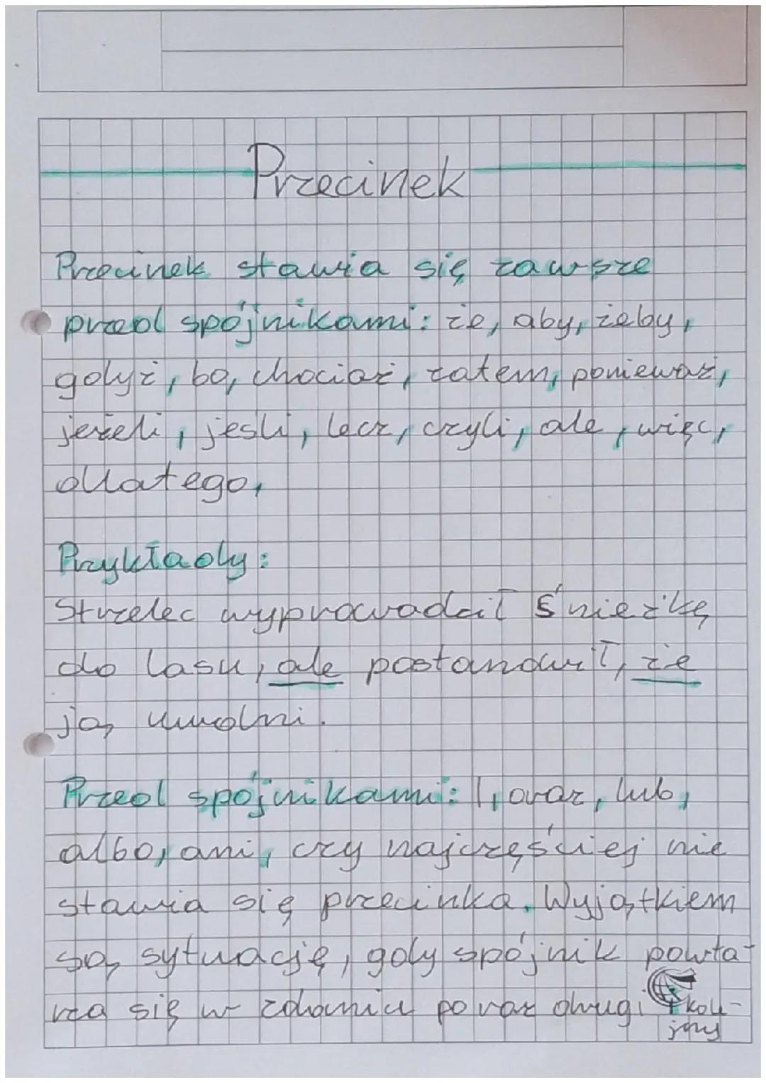 # Przecinek

Prrocinek stawia się zawsze
pred spójnikami: że, aby, żeby,
golyż, bo, chociaż, zatem, ponieważ,
jezeli, jesli, lecr, cryli, al